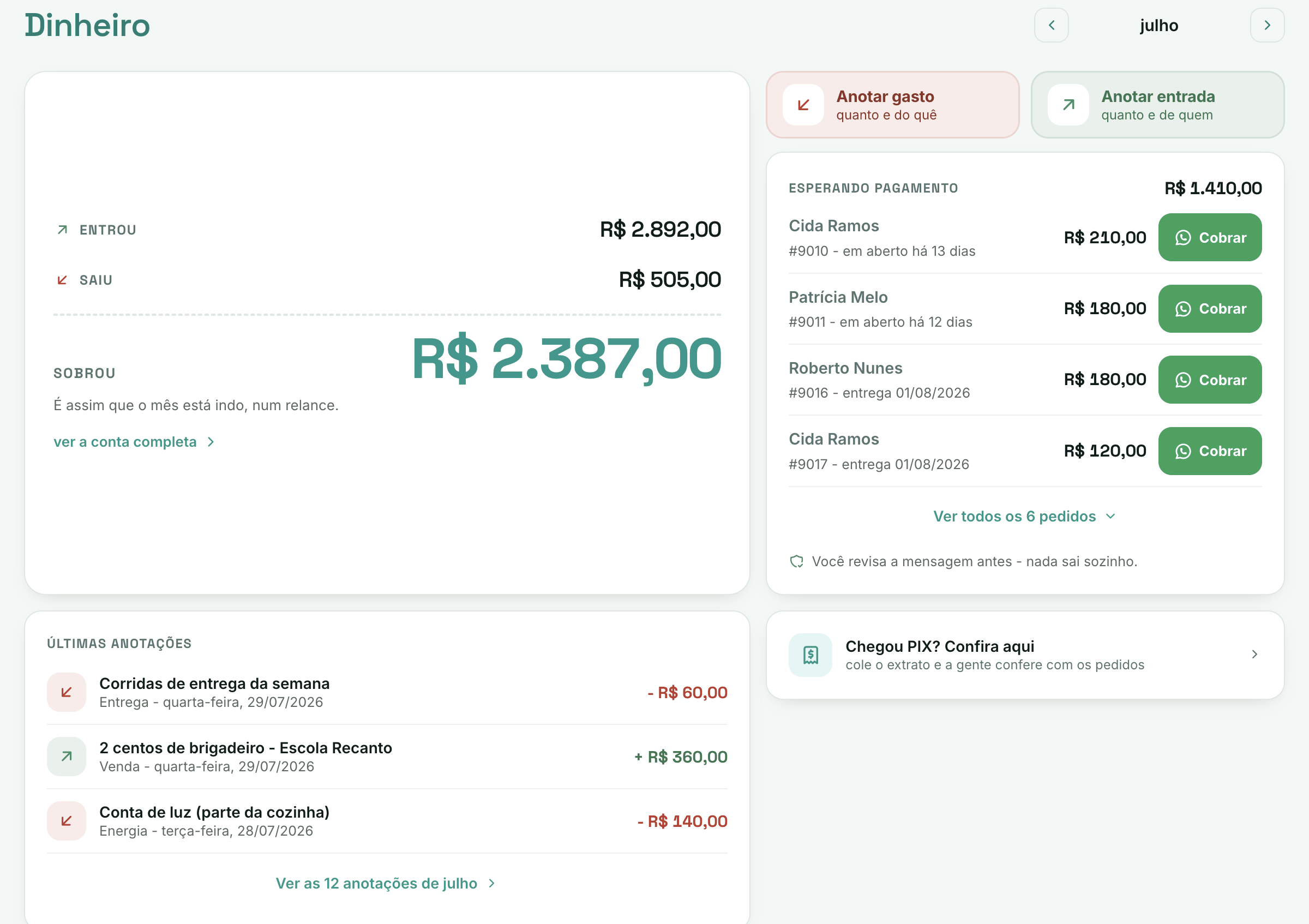 Print real da tela Dinheiro: entrou, saiu, sobrou e quem ainda deve
