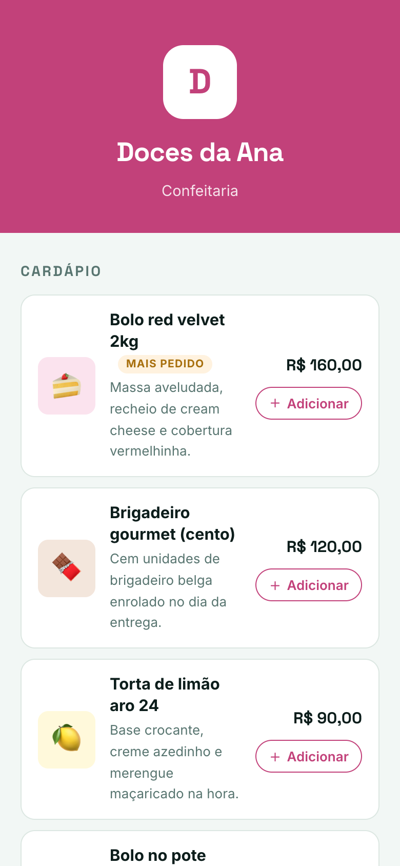 Print real da loja online de um negócio, com o cardápio e o botão de adicionar