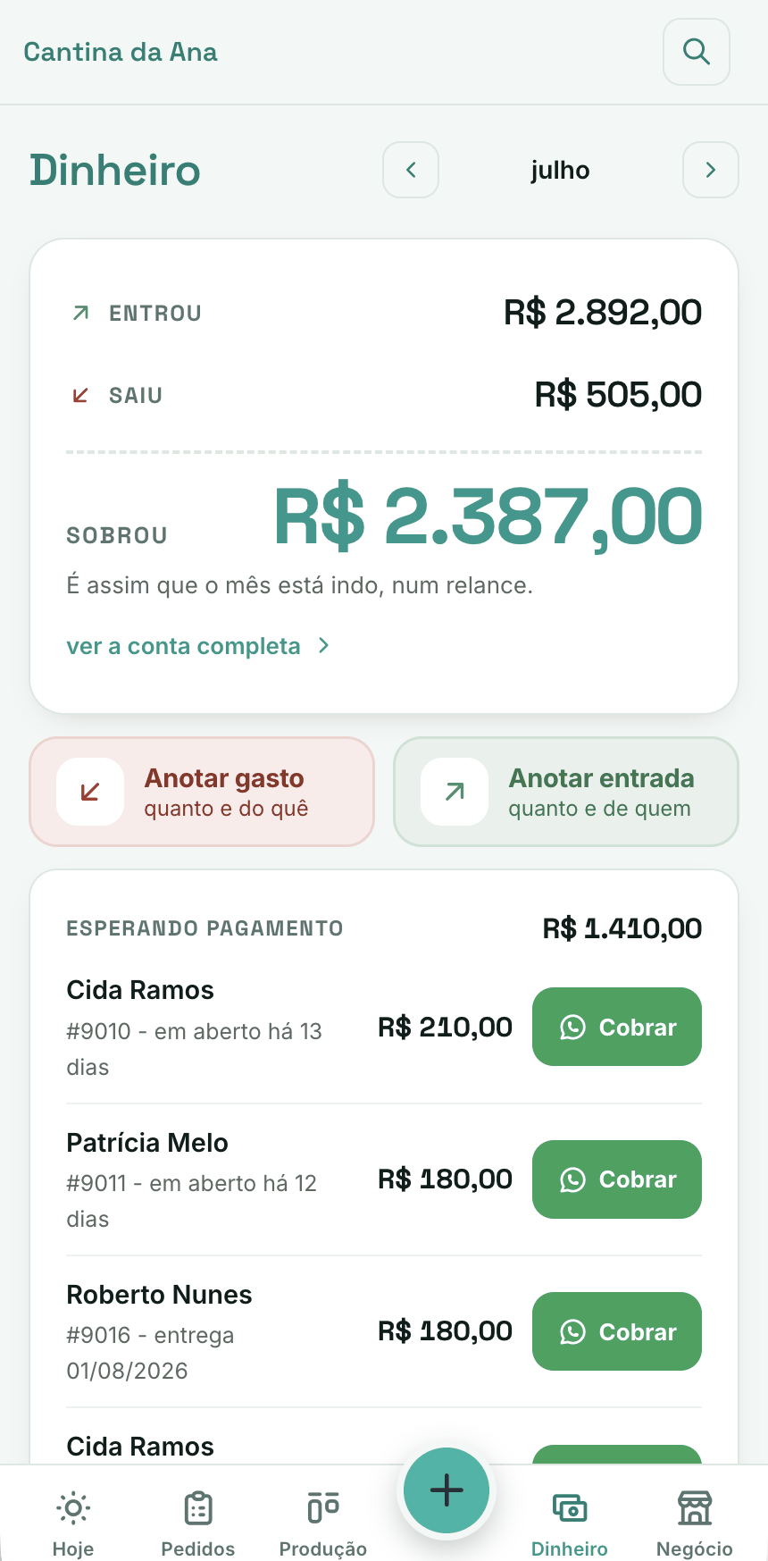 Tela de Dinheiro no celular, com entrou, saiu e sobrou