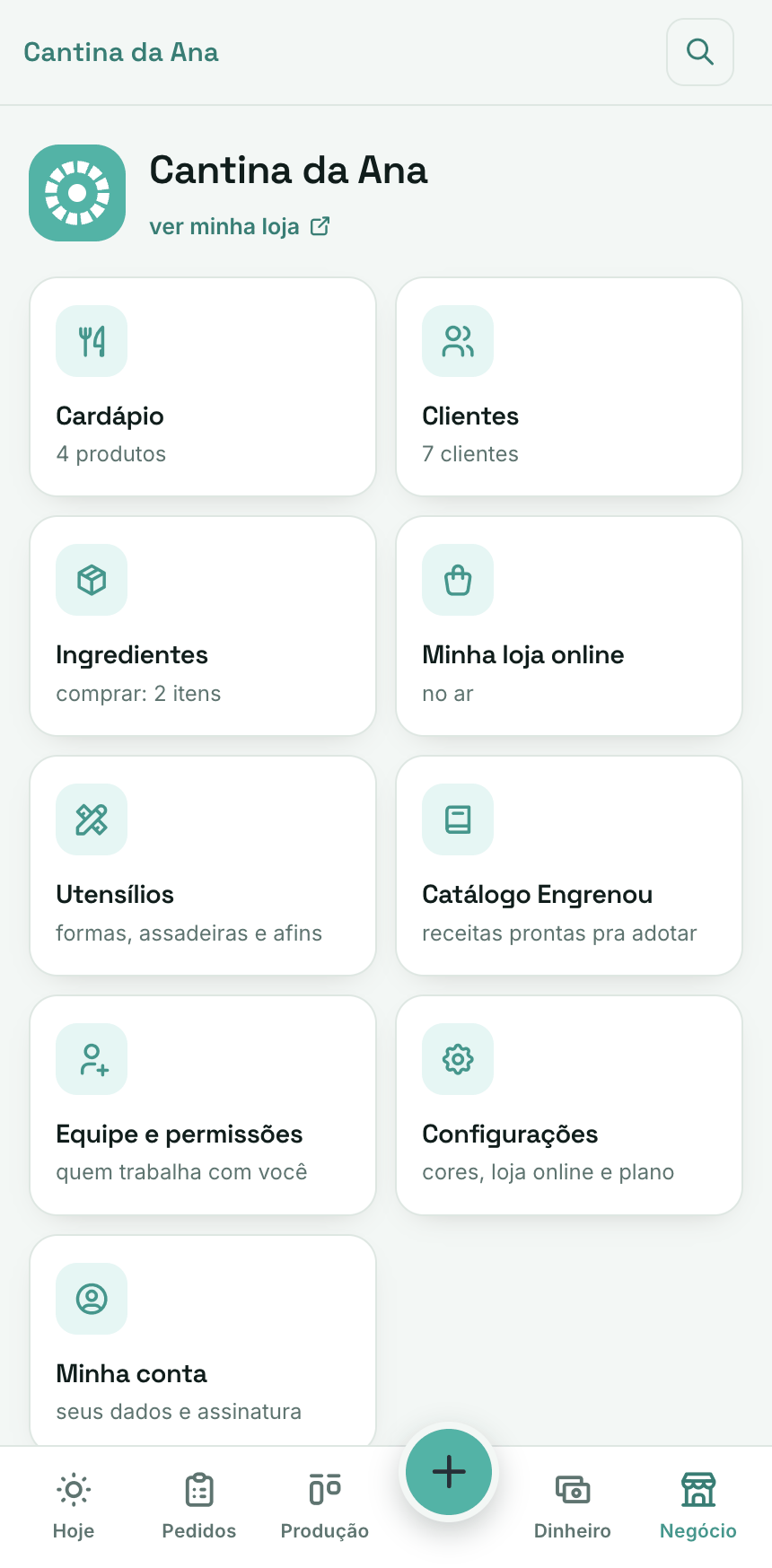 Tela Meu negócio no celular, com cardápio, ingredientes e loja online