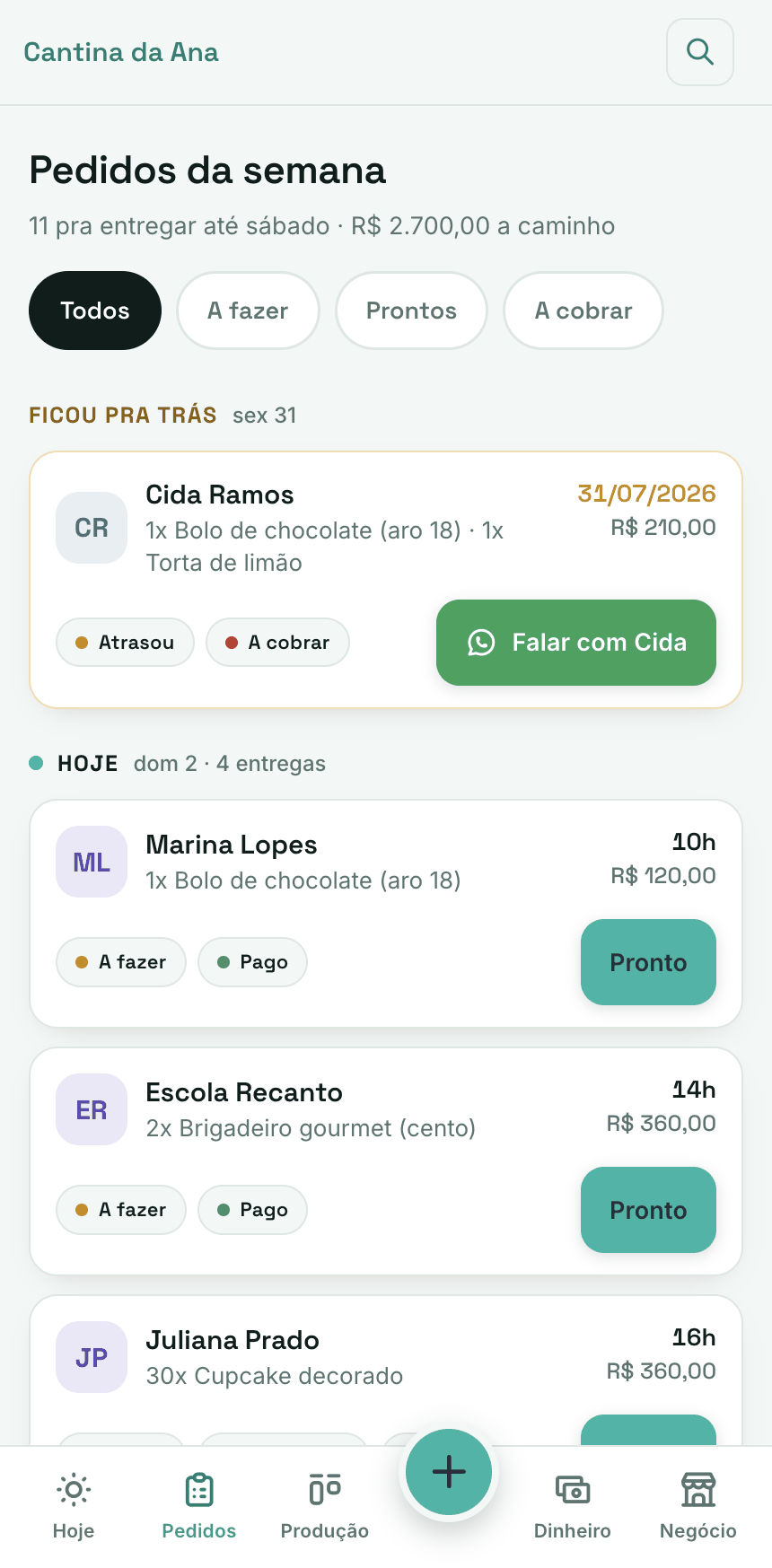 Tela de Pedidos da semana no celular